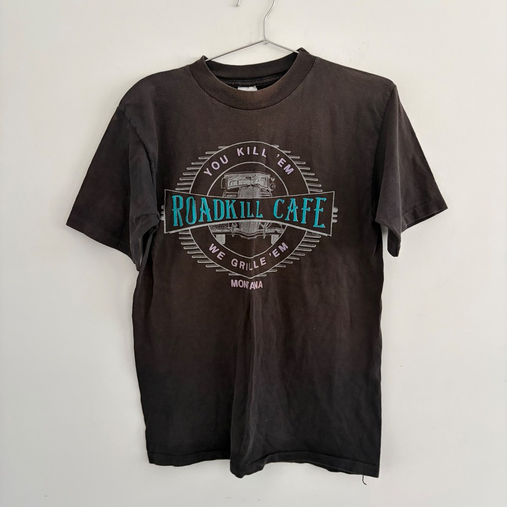 Vintage Roadkill Cafe Montana Graphic T-Shirt Prairie Mountain Black Mens Medium